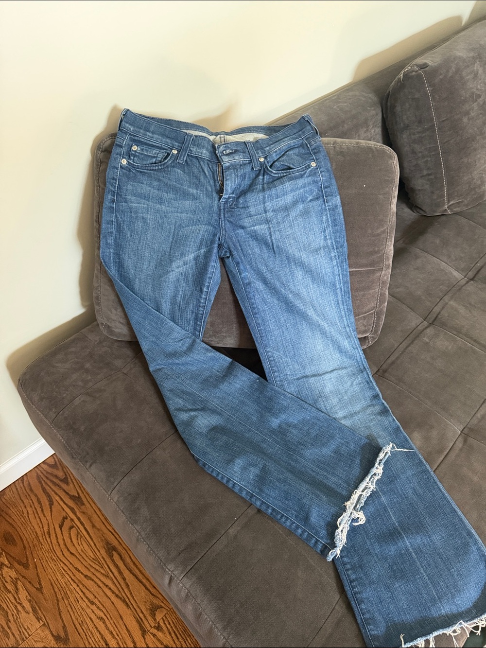 7 For All Mankind Distressed Flare Jeans in Classic Blue